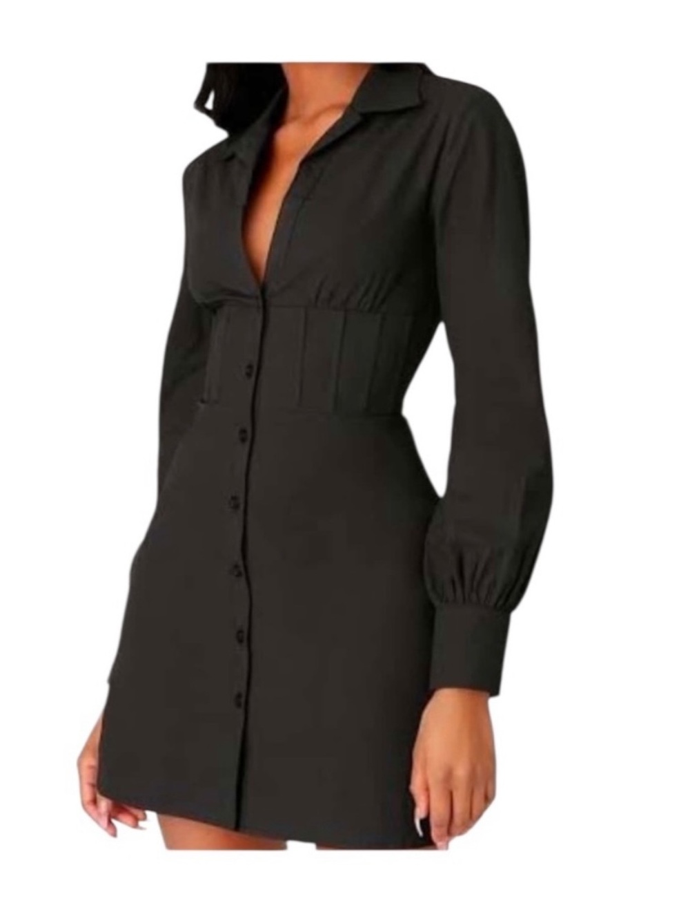 MESHKI corset waist fitted gothic office siren button front cotton mini dress